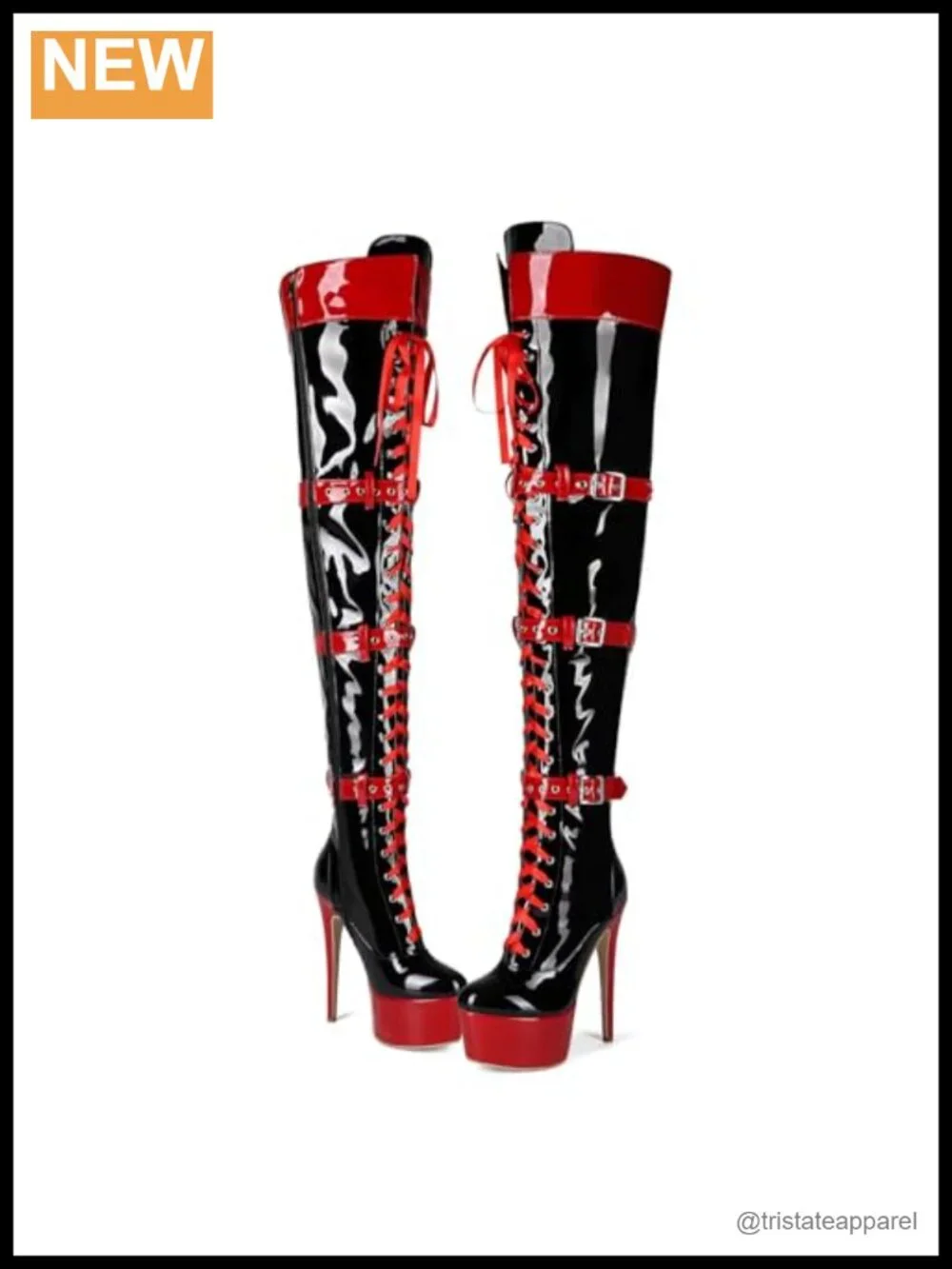 Over the Knee Stiletto Platform Boots with Patent Leather Adjustable Belt Zip